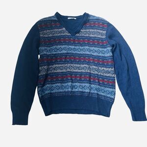 VTG Fair Isle V-Neck Sweater Grandpacore Pullover Navy  Nordic Ski Med, No Tag